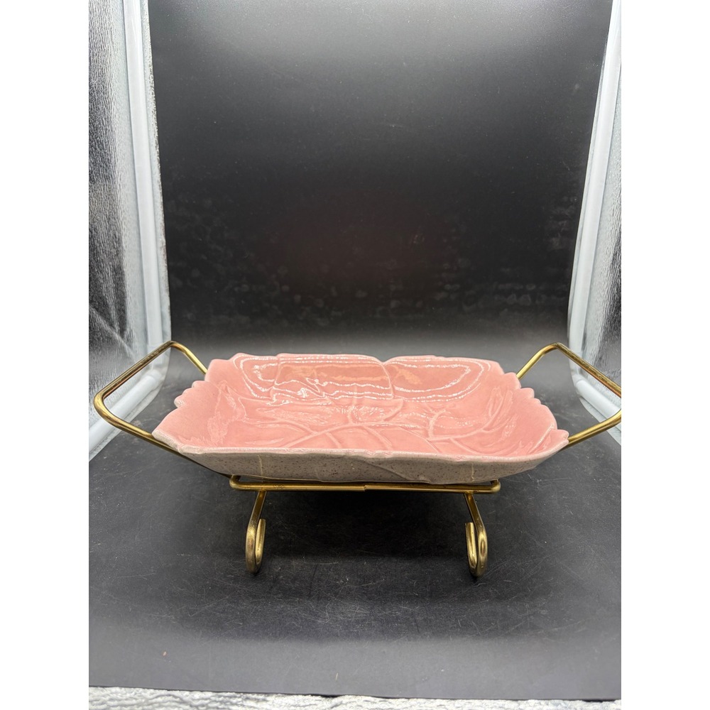 Vintage Pink Ceramic Leaf Dish with Brass Tone Metal Handle Stand 2 Piece Set
